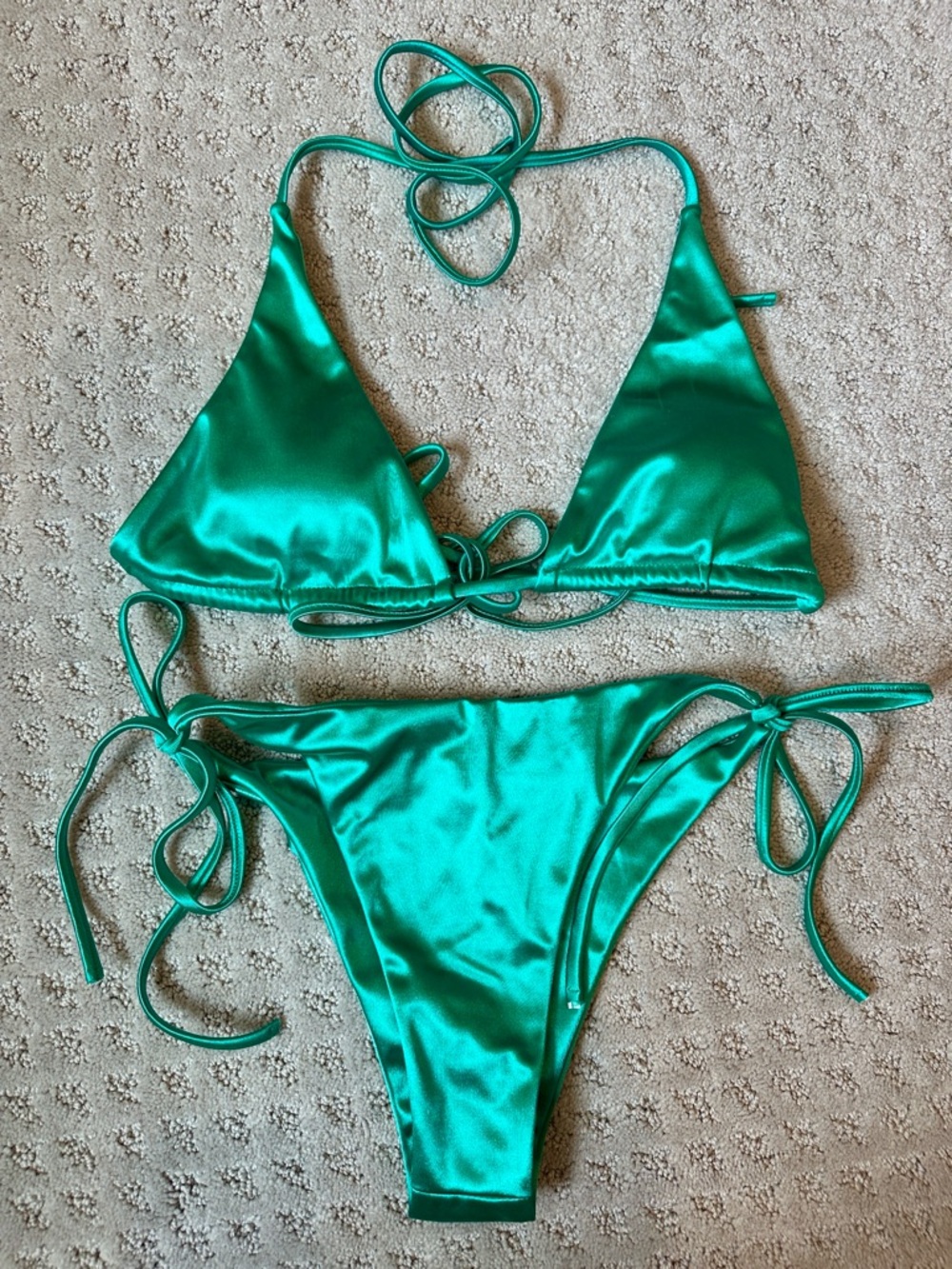 Metallic Emerald Green Satin Tie-Side Bikini